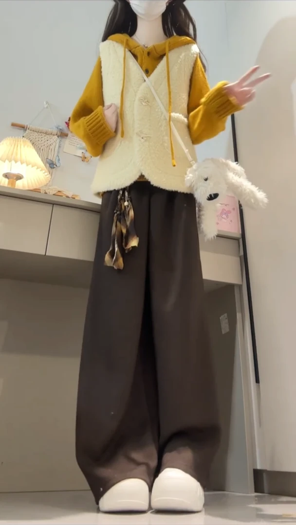 秋冬穿搭一整套女韩系慵懒风毛毛马甲连帽针织衫搭配阔腿裤三件套