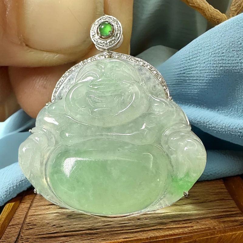 A货翡翠高冰种水飘绿花佛公18k金镶嵌