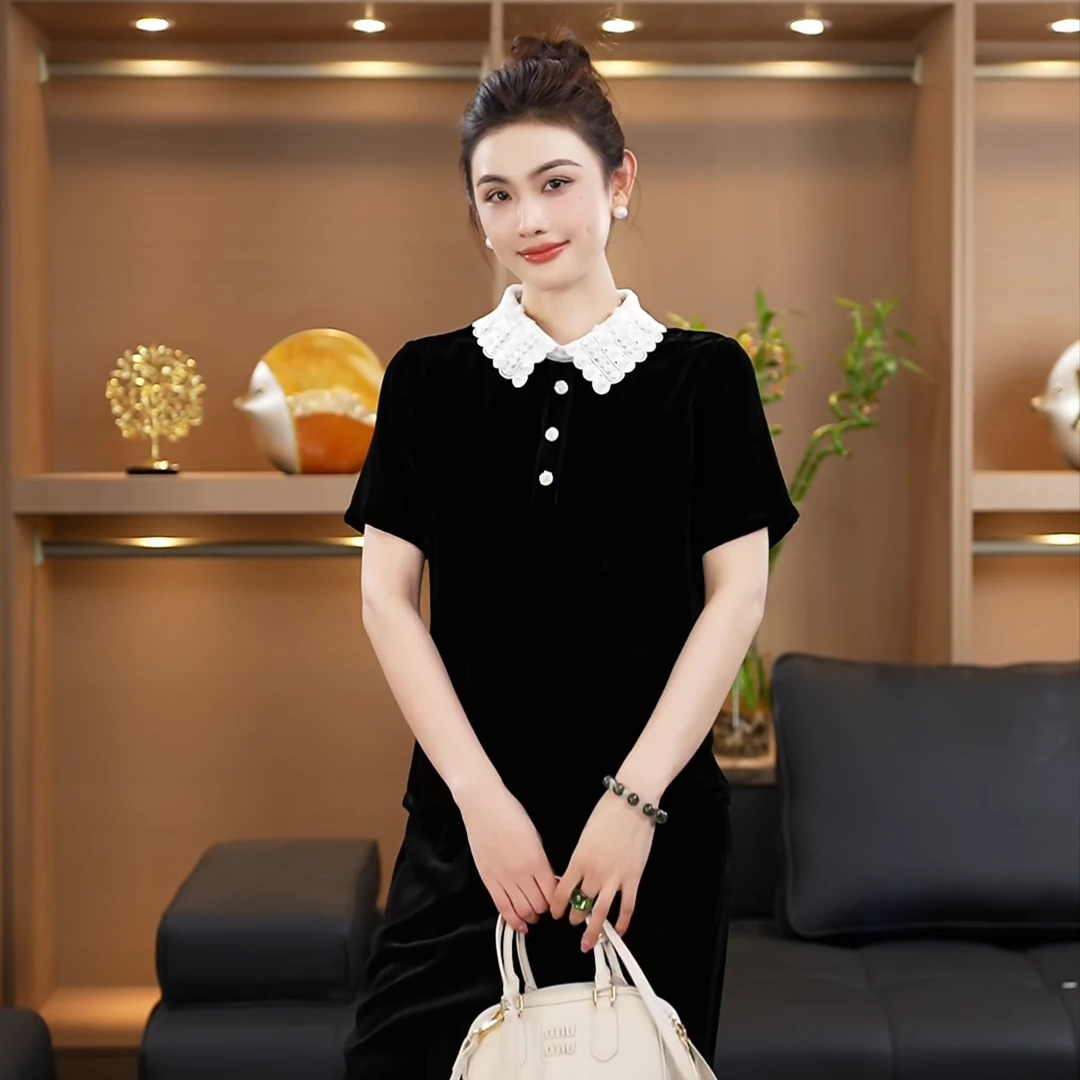 丝绒少女真丝丝绒翻领撞色气质甜美法式短袖夏季显瘦上衣