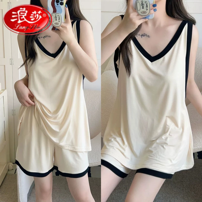 浪莎莫代尔拼色背心带胸垫休闲睡衣女夏季薄款可外穿洋气家居服