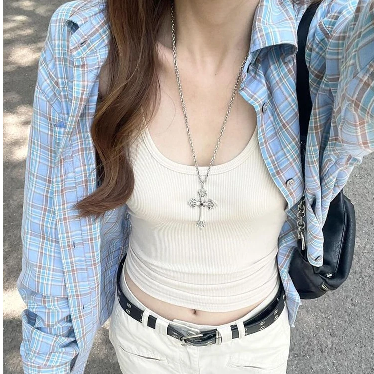 风港蓝色格子衬衫女长袖2024年秋冬新款小众设计感衬衣外穿上衣女