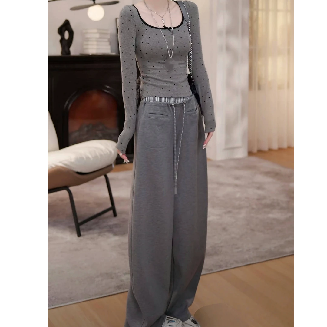 设计感假两件松紧腰休闲裤女2025夏季新款直筒宽松显瘦运动卫裤