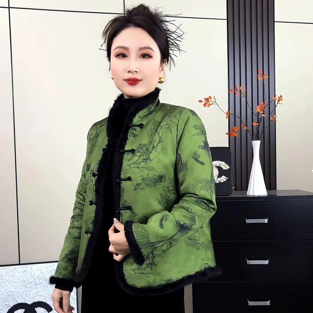 [松绿软烟]加棉新中式立体山水画万针提花正肩显瘦加厚棉服外套