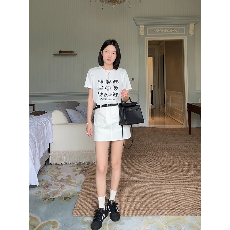 郭九九呢 天丝棉工装风a字半裙印花宽松显瘦短袖t恤 G925A05483-2