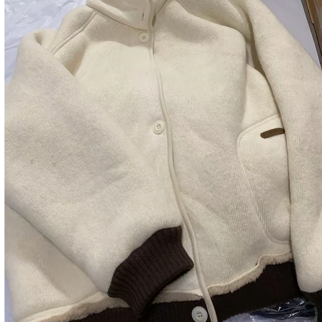 ［小小布］no退换-东大门正品v5e黑灰奶白色小标口袋拼色羊毛外套