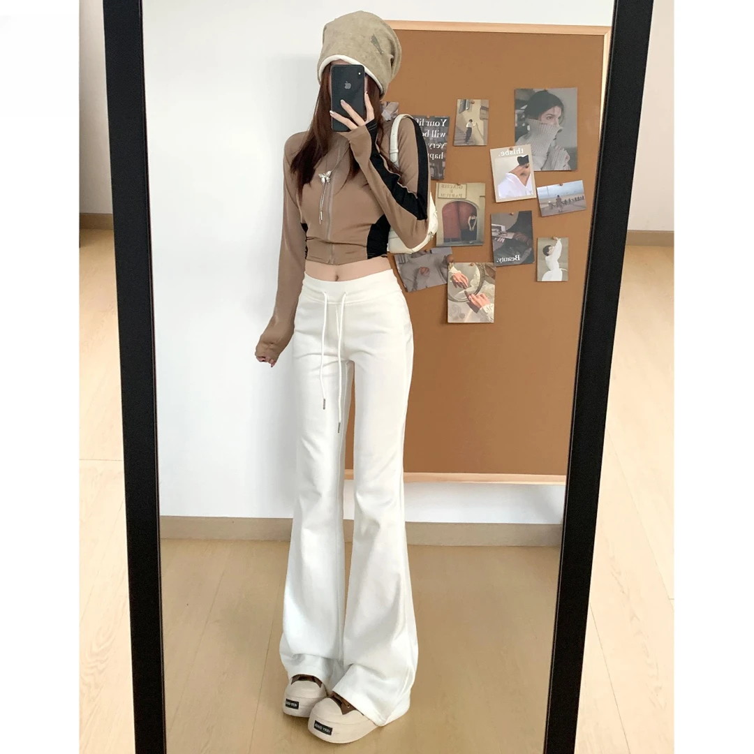 白色美式高腰微喇休闲裤女2025早春新款修身显瘦辣妹马蹄喇叭卫裤