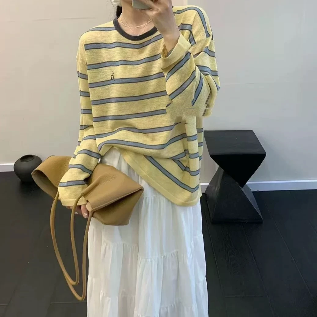 韩版气质条纹撞色长袖T恤女春夏新款休闲慵懒风内搭打底衫