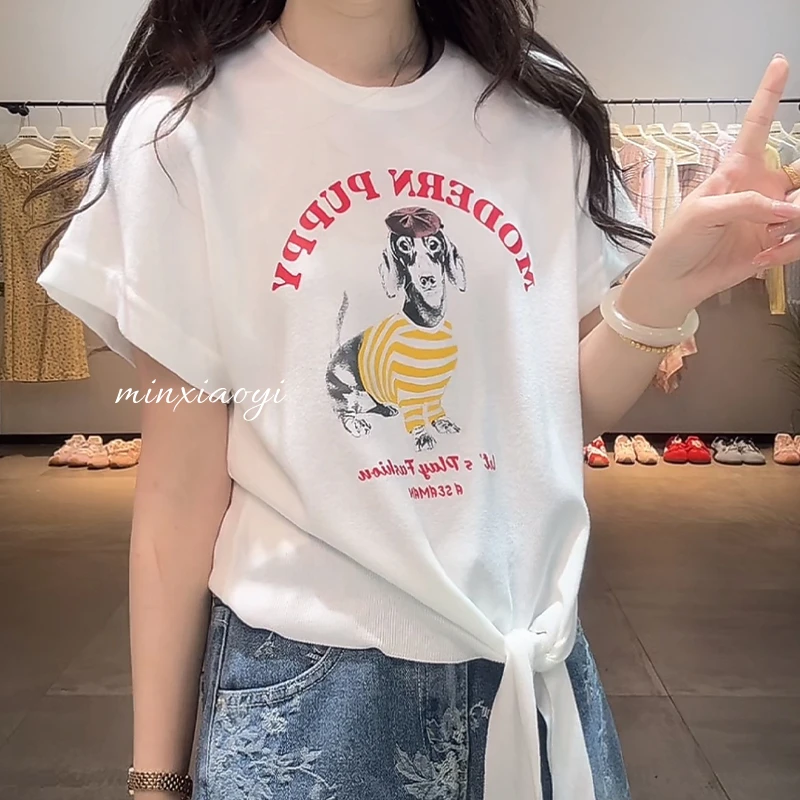 【闵笑一】趣味腊肠狗夏季显瘦设计感印花小狗短袖不规则绑带t恤