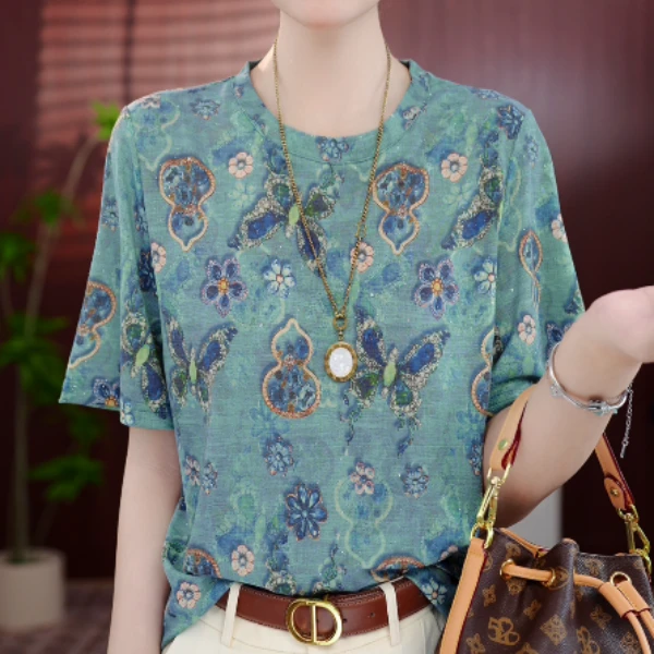 TX009杭州原版2025新款T恤“福葫蝶”宽松撞色短袖t时尚上衣打底女