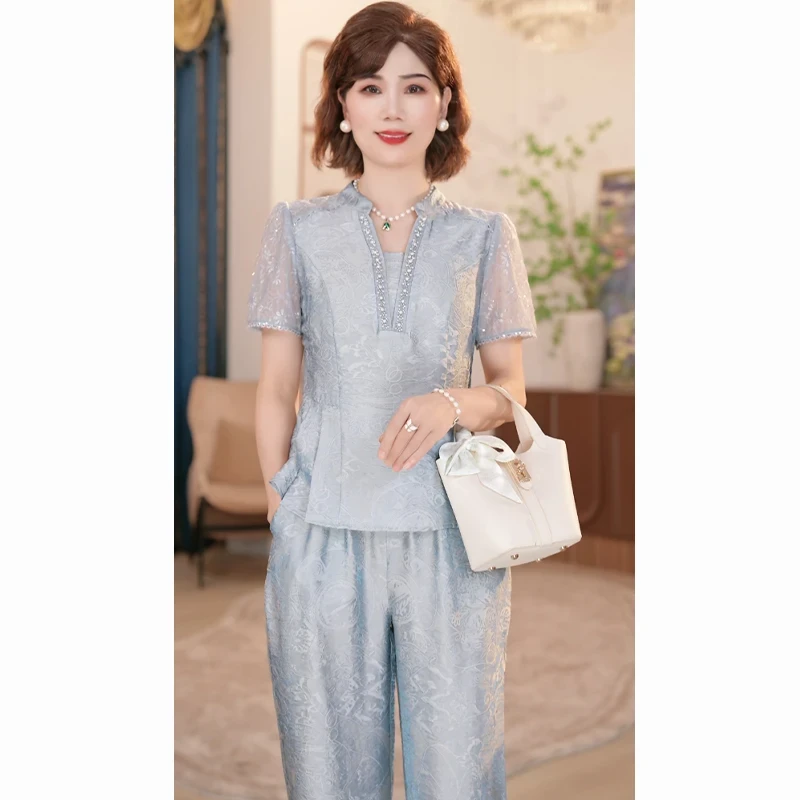 2025新款夏季妈妈装薄款时尚套装气质衬衣女装洋气减龄T恤两件套