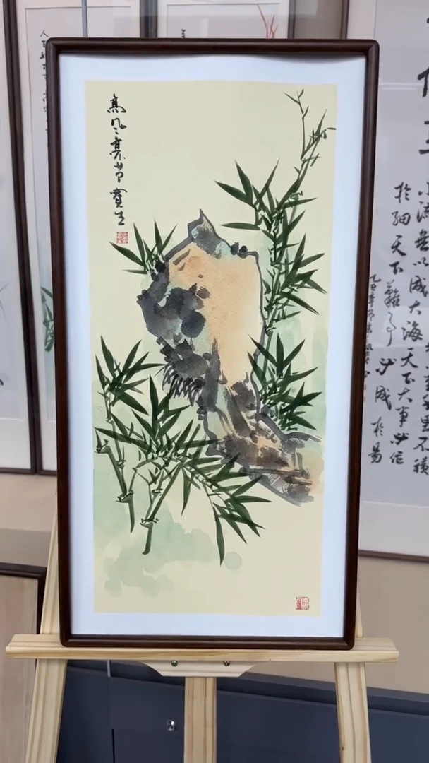 国画张老师精品手绘国画 竹子001  35*68带框