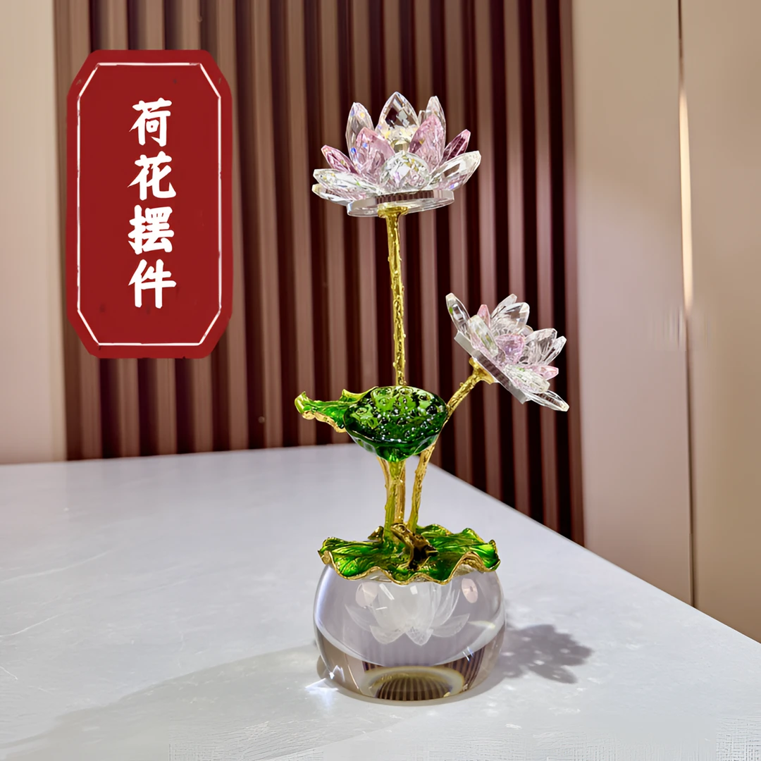 荷塘月色K9水晶玻璃新款内雕莲花底座双头荷花家居玄关酒柜摆件