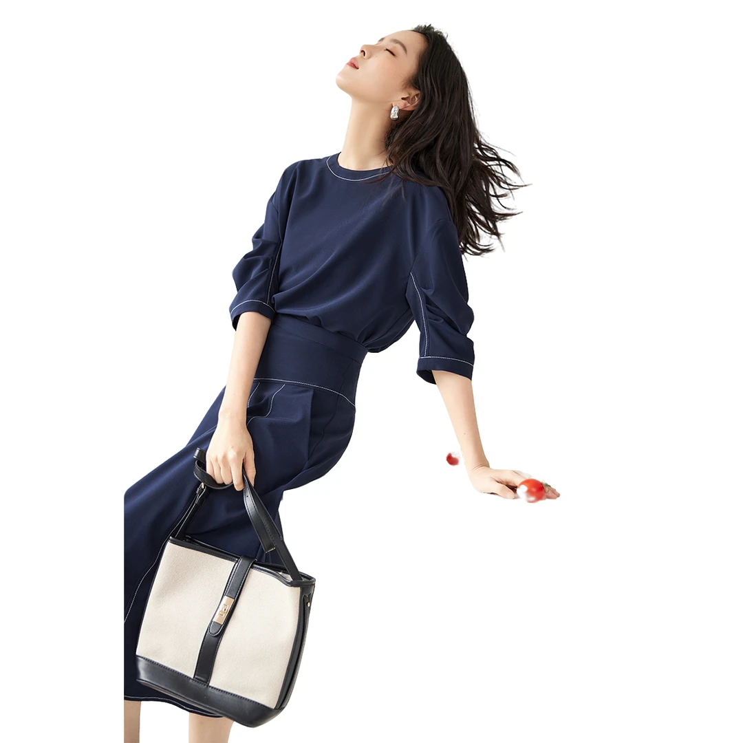 对白撞色别致套装气质茧型短袖半身裙休闲两件套DYZB-DDZ080