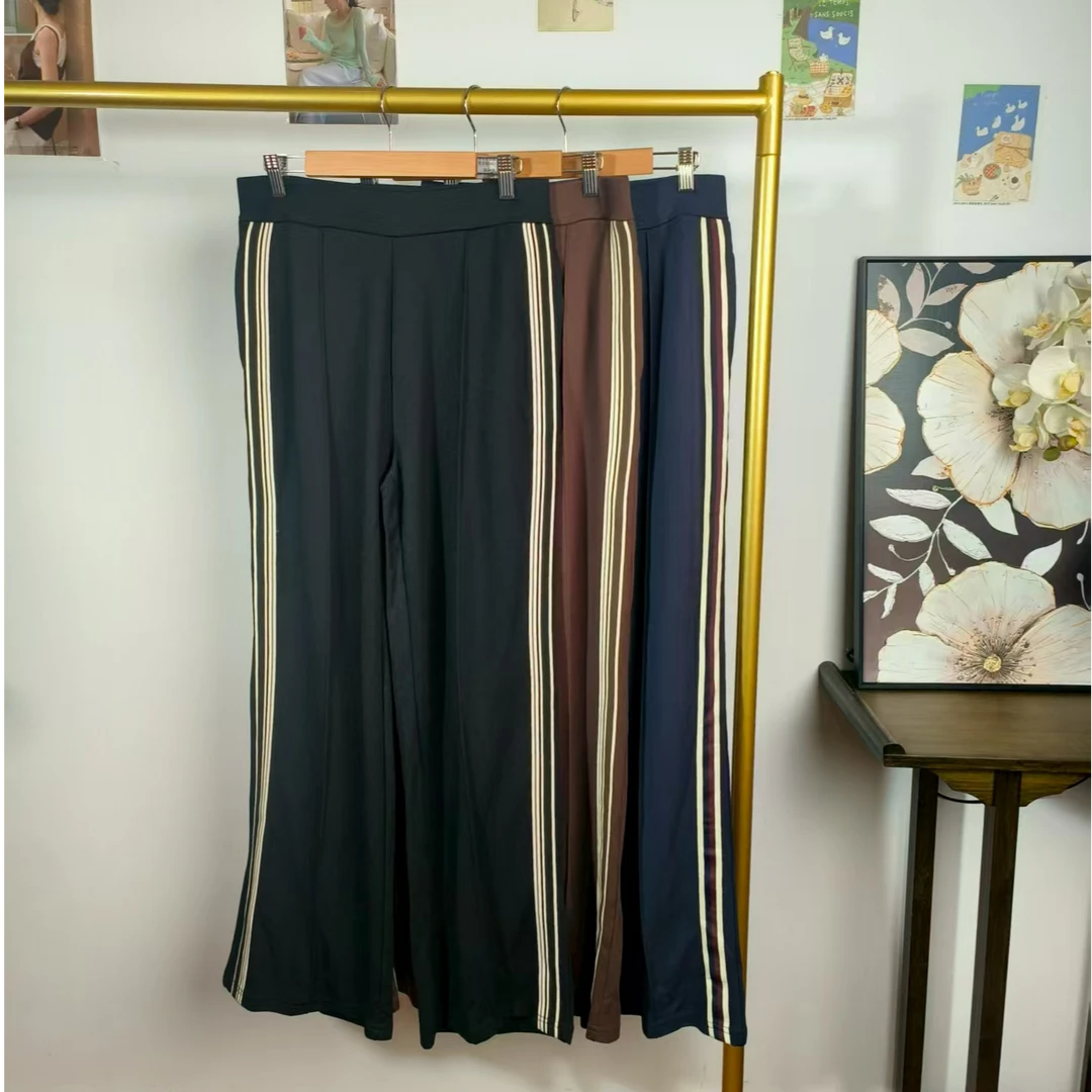 韩版外贸大妈女裤撞色粗条纹拼接百搭休闲裤直筒四季通用0108