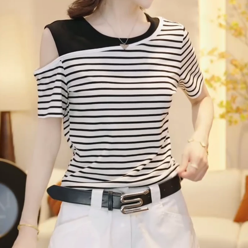 夏季韩系露肩修身型T恤轻奢显瘦高质感短袖LK2504902