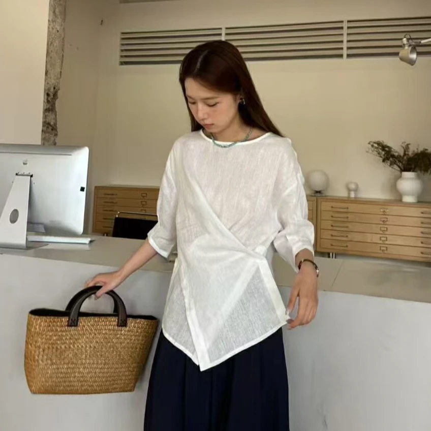 夏季白色天丝衬衫女复古文艺设计感亚麻上衣休闲圆领不规则衬衣