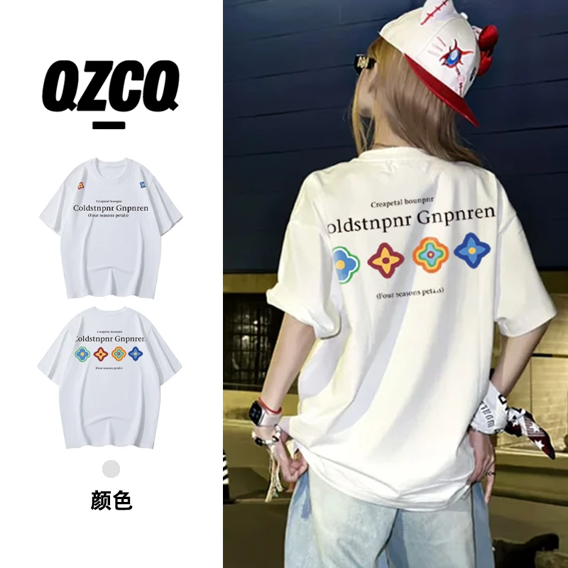 QZCQ美式花季小众休闲宽松百搭夏季短袖T恤慵懒设计潮上衣圆领女