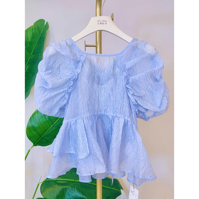 丨春夏气质时尚轻奢露肩蓝色的一字肩上衣内搭套装 5904