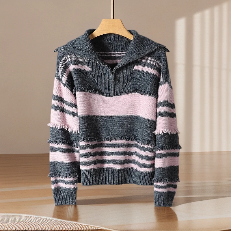 TA图高端剪标品牌折扣100绵羊毛百搭休闲半拉链条纹毛衫上衣女10A