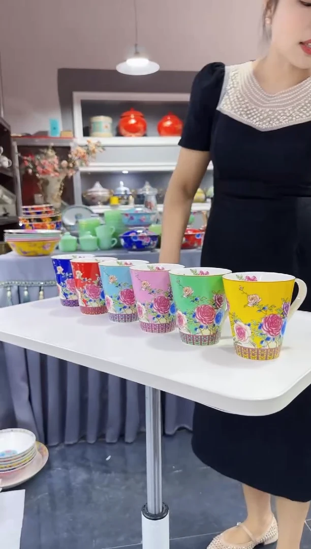珐琅   牡丹花卉水杯6只装景德镇陶瓷