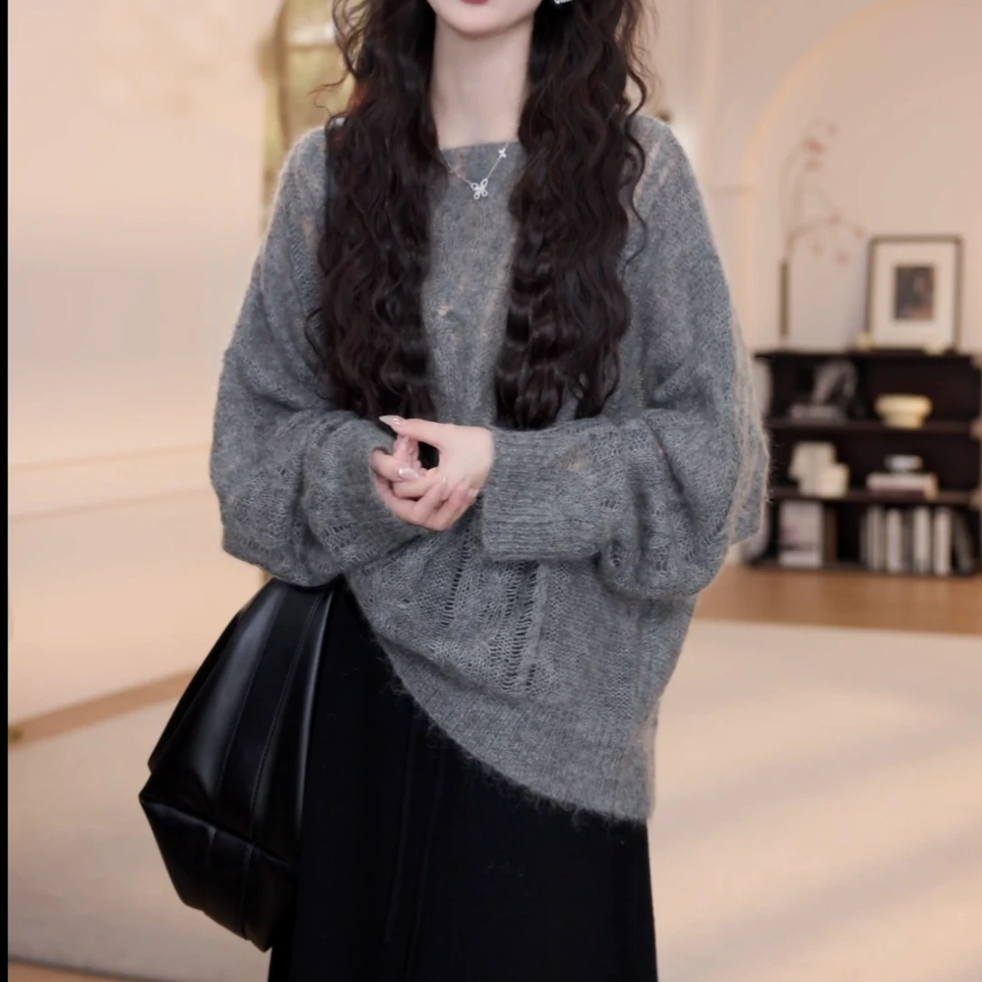 早秋百搭纯色扭花镂空针织长袖+纯色松紧半身裙两件套女LK2505700