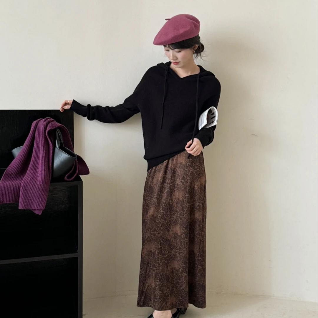 连帽100绵羊毛百搭纯色针织上衣8801-黑色