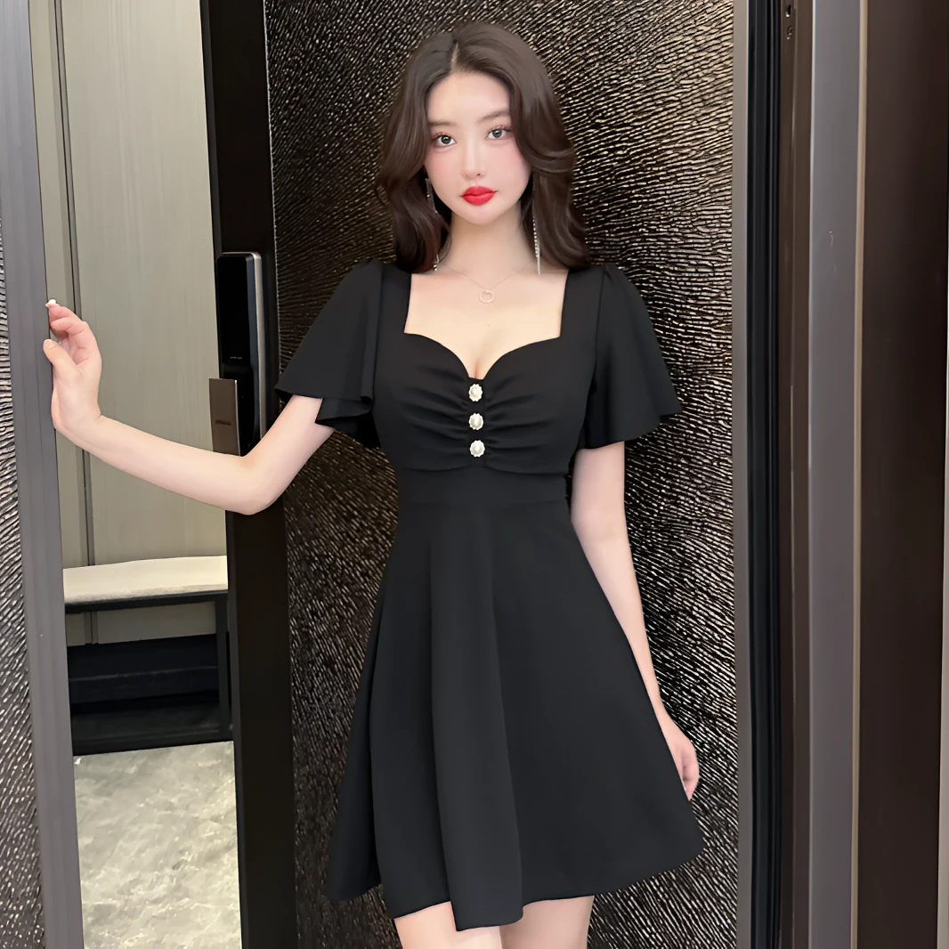 夜总店性感连衣裙低胸新款辣妹夏季显瘦遮肚方领大摆裙连衣裙工衣