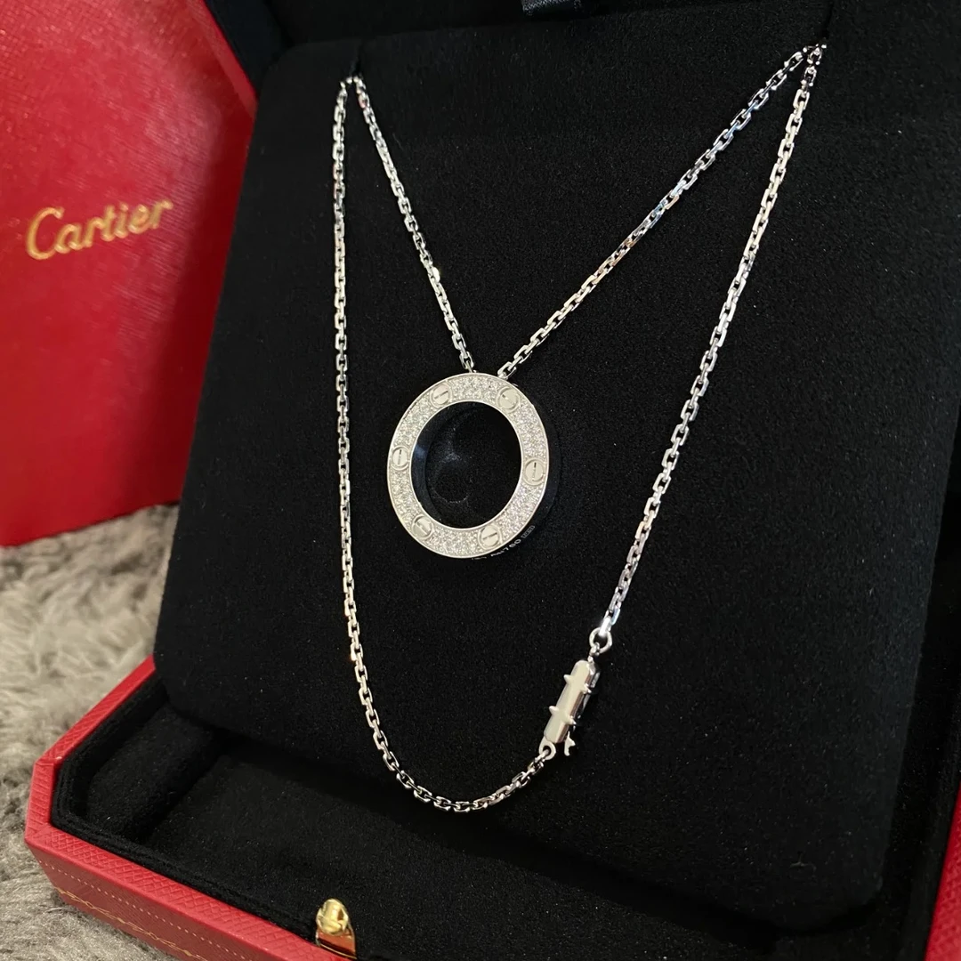 未使用 Cartier/卡地亚 小花6欢 LOVE 大圆饼满钻 项链 18K白金