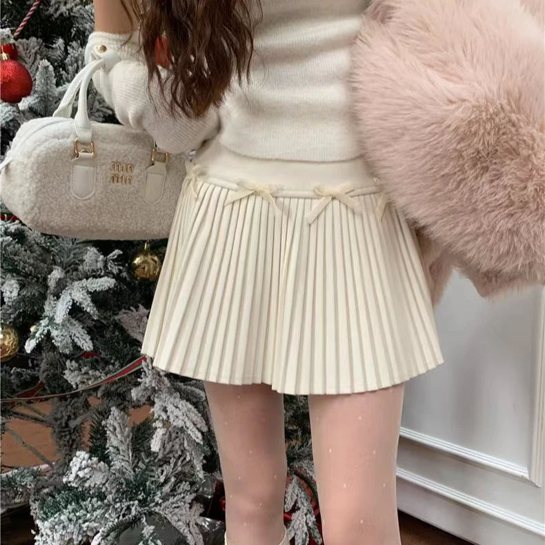 蝴蝶结细褶毛呢半身裙女2025冬季新款小个子甜美百褶裙呢子短裙子