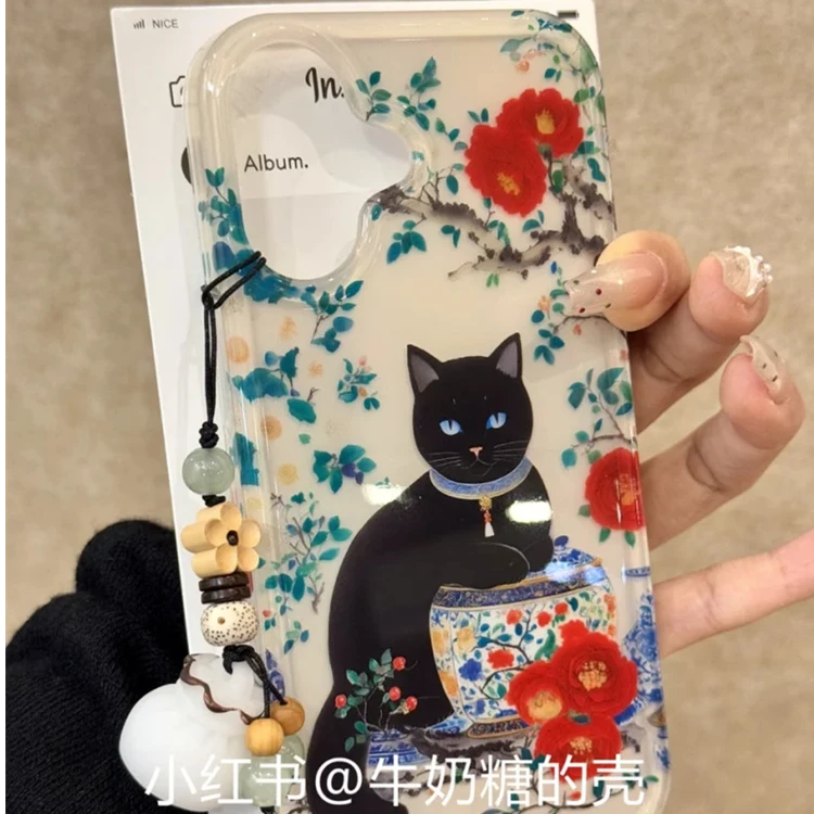 国风牡丹黑猫灯笼适用iPhone16promax手机壳15pro挂件14新中式13