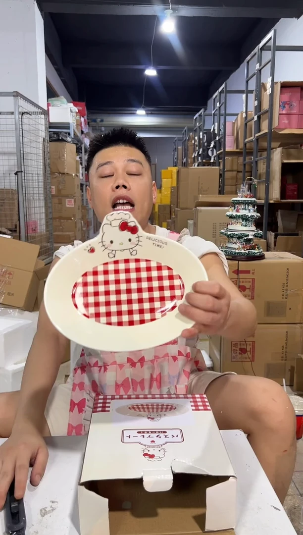 瓷片原盒kt猫红格子餐盘