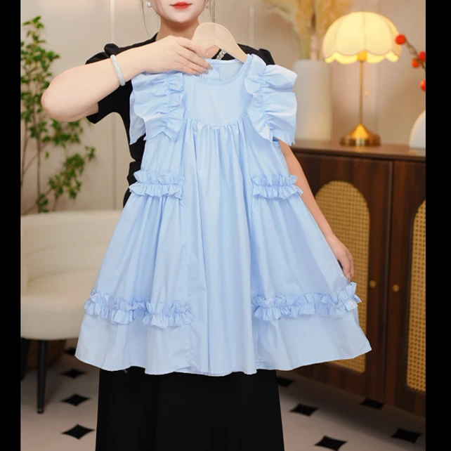 纯色夏季连衣裙夏季胖女童公主裙蓝色夏装泡泡袖中童