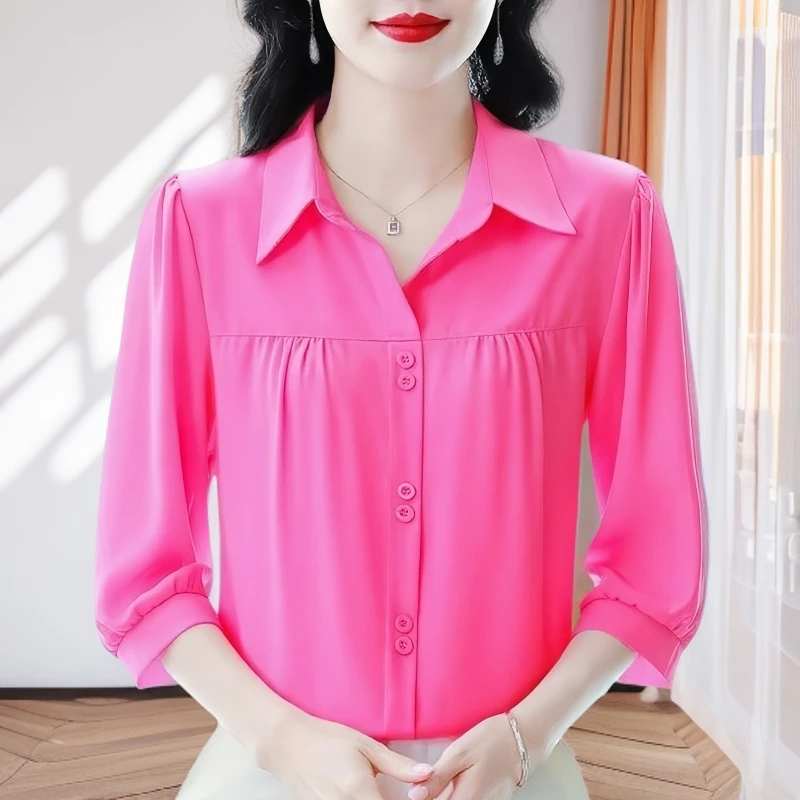 翻领七分袖雪纺套头衬衫气质打底衫夏季时尚洋气百搭显瘦女士上衣
