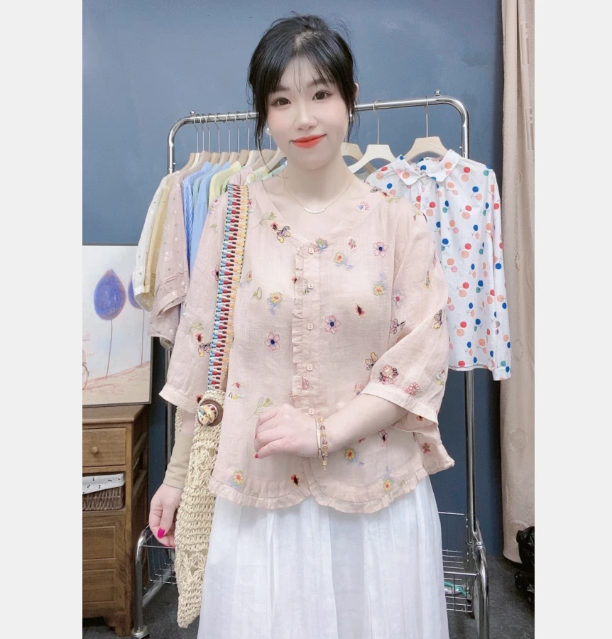 2025夏装新款 100支纯苎麻 蝴蝶重工刺绣薄款小衫上衣衬衫女