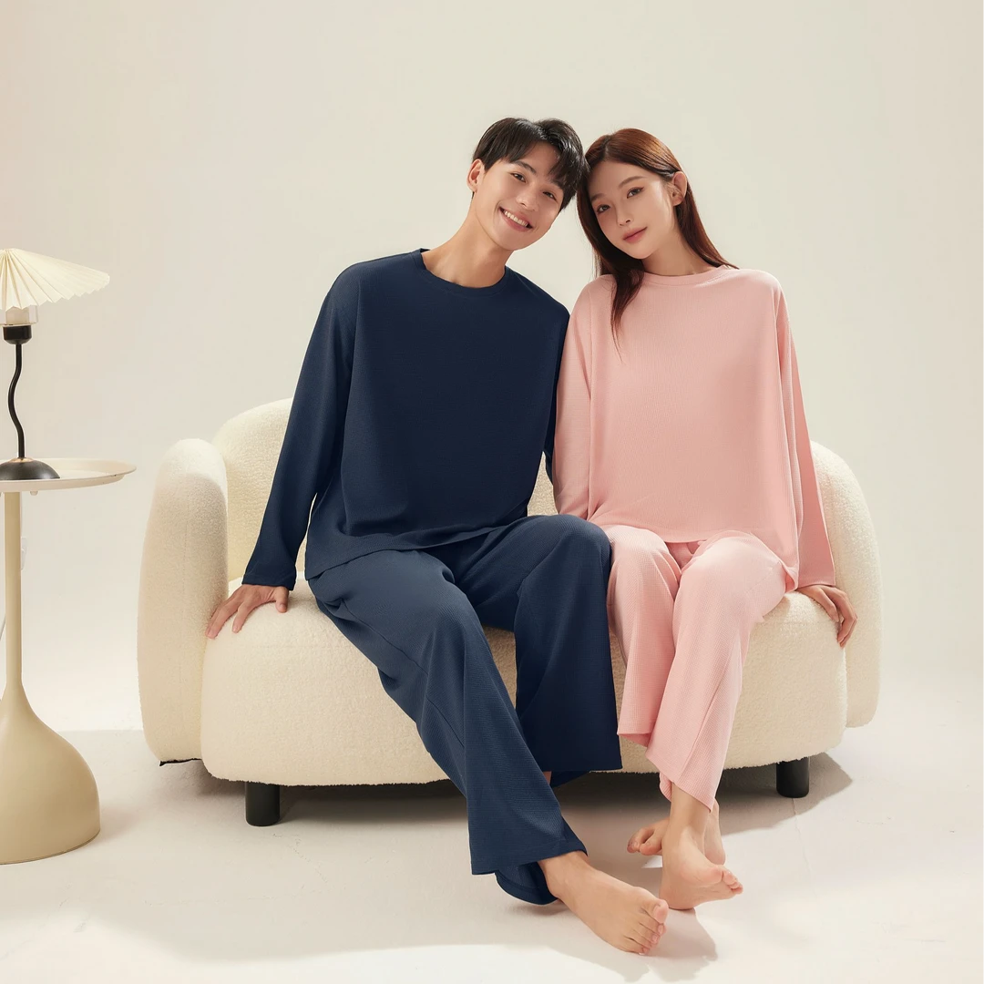 华夫格情侣睡衣秋季新品男士家居服女士简约长袖长裤宽松休闲套装