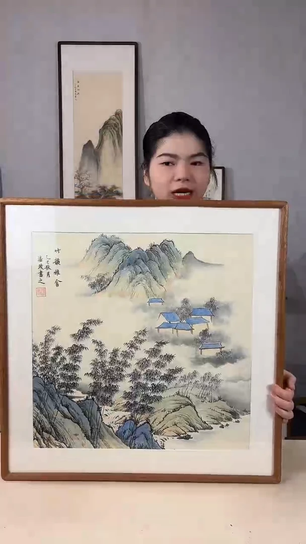 国画手绘*竹韵雅舍*62*62cm实木框