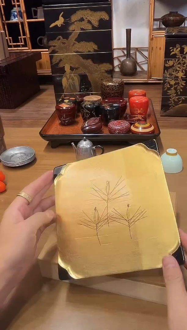 金箔折角壶承 大漆漆器大漆漆器