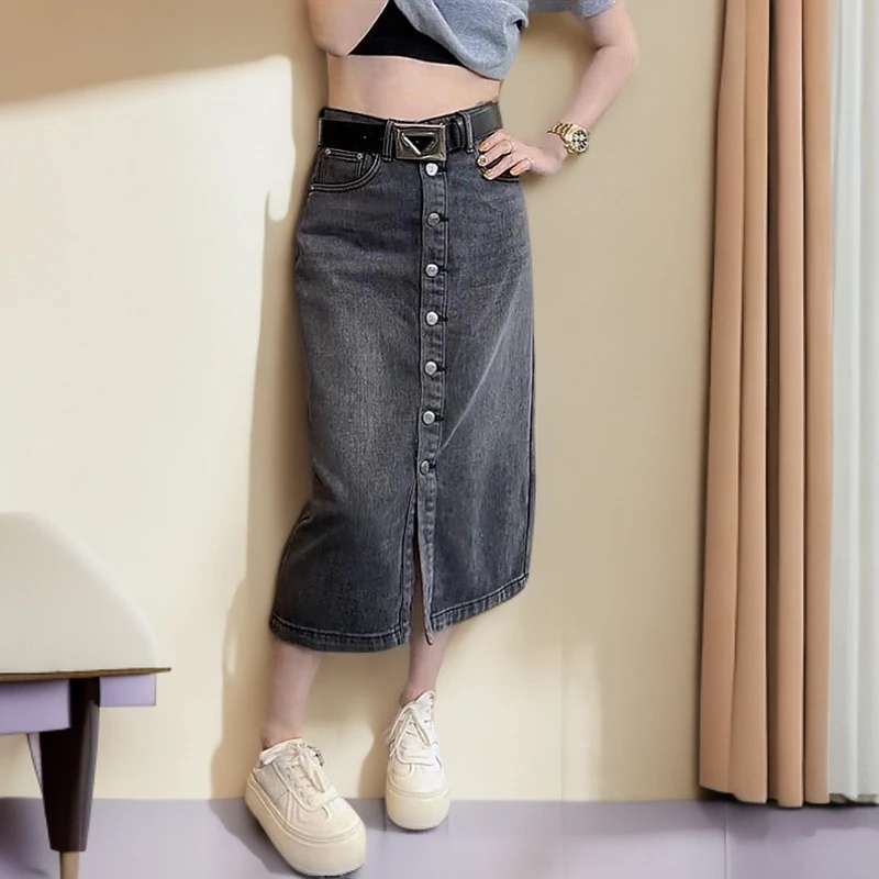 开叉中长款半身裙女夏季2025新款显瘦A字裙大码高腰包臀牛仔裙子