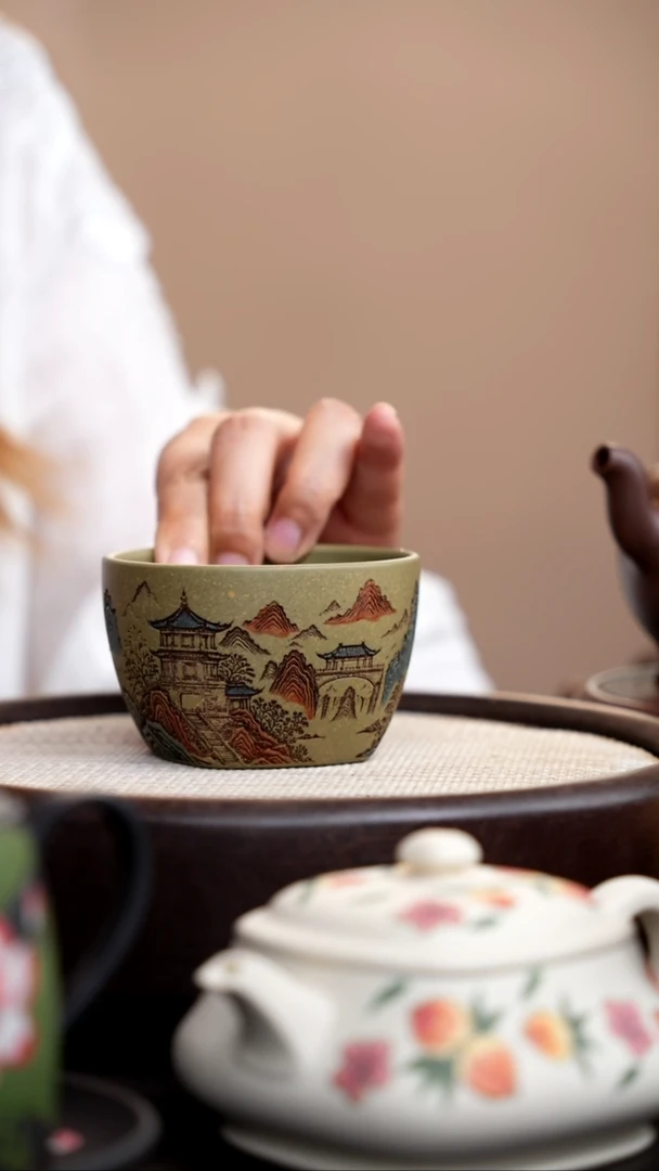 茶壶紫砂豆青砂混方杯彩刻山水