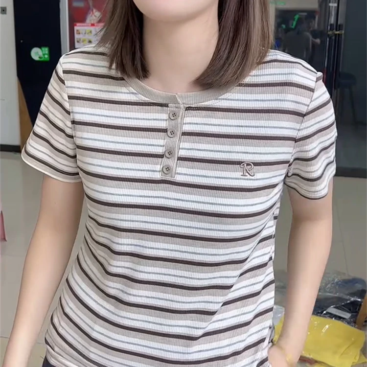 韩版洋气短袖条纹T恤女时尚圆领套头显瘦上衣2025夏季爆款百搭潮