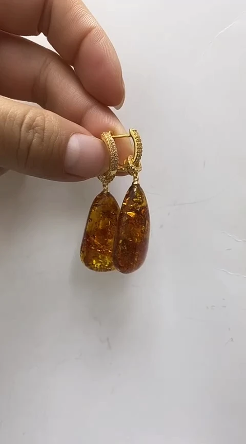 【闪购商品】琥珀裸石银S925镶嵌花珀耳坠