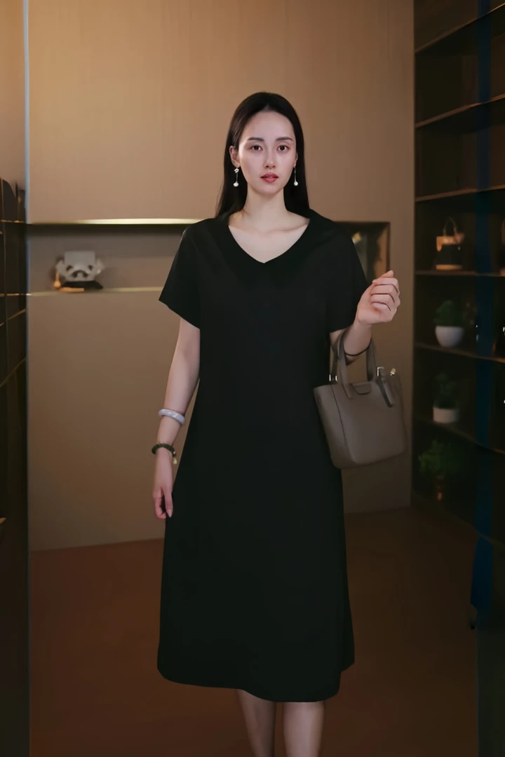 9949-夏季新款短袖口袋连衣裙宽松气质遮肉中长款妈妈裙子【G仓】