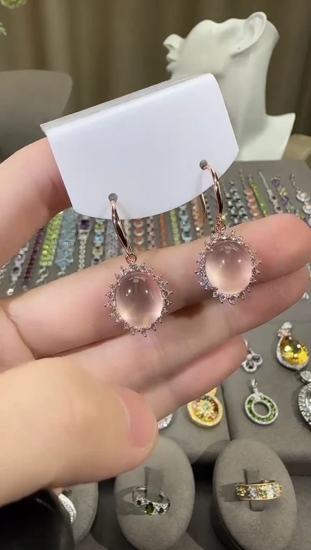 银S925镶嵌耳饰芙蓉石10*12mm星光粉水晶耳钩