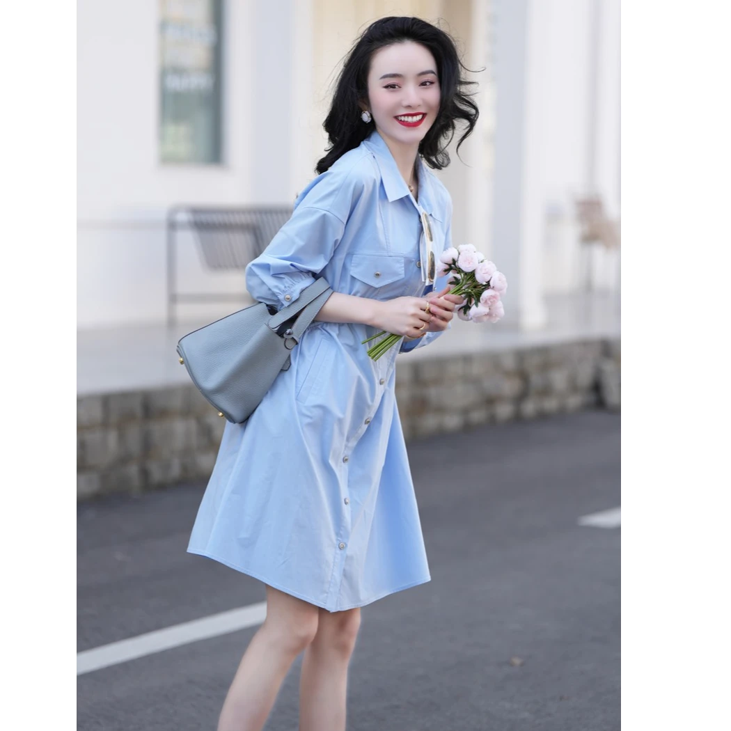 【三醋酸】可颜精致小众休闲减龄时髦泡泡袖衬衫连衣裙AC53230210