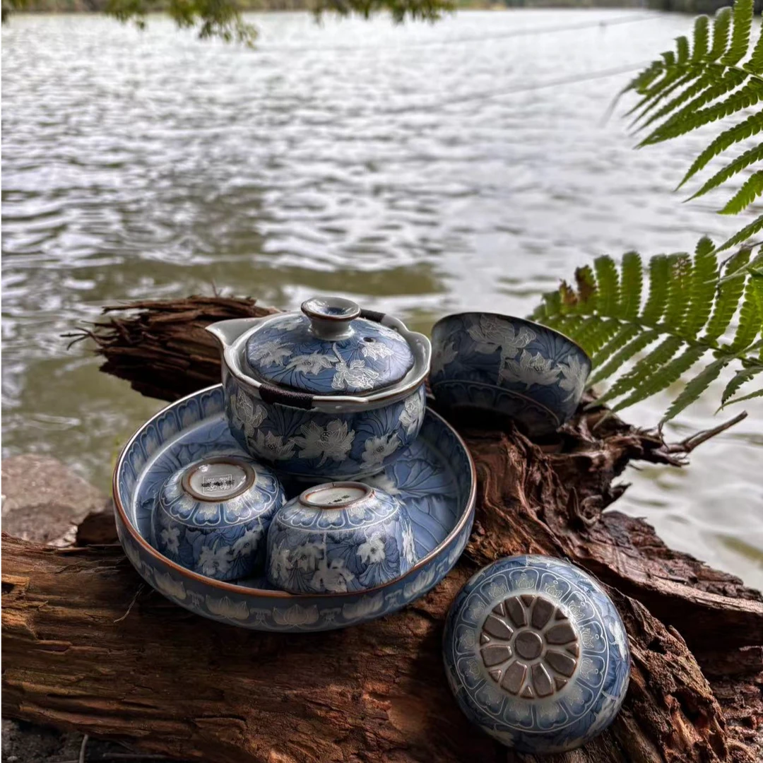友名 蓝彩荷花宝瓶壶配4杯带盘旅行快客礼盒装-2933