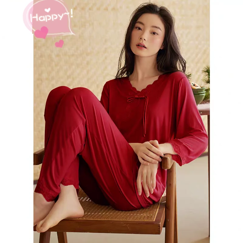 莫代尔睡衣女款四季莫代尔七分袖袖结婚红色本命年家居服大码套装