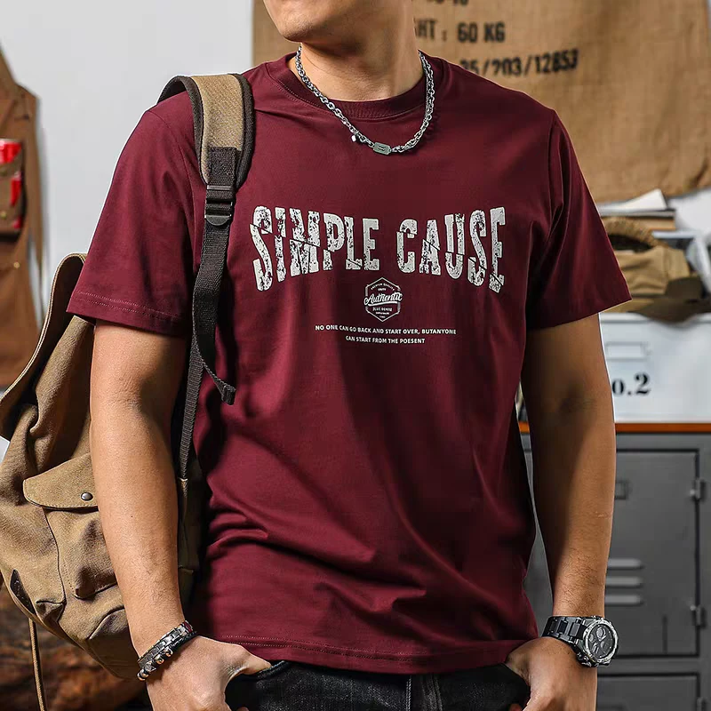 美式复古大码酒红色潮流帅气印花短袖T恤男夏季百搭宽松体恤上衣