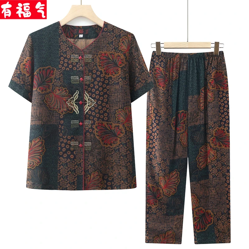 2025新款老年女装妈妈夏装短袖老年人衣服老太太套装奶奶两件套薄