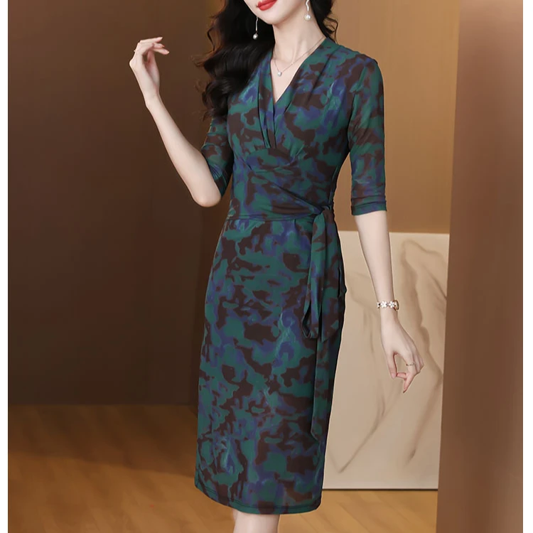 2025夏季新款国风淑女中袖V领弹力网纱裹身连衣裙