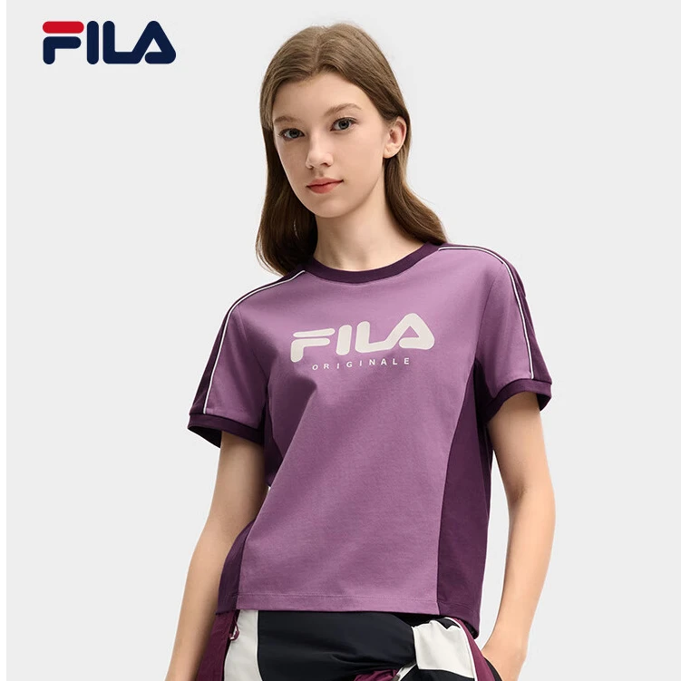 斐乐女子针织短袖衫2025春新款休闲舒适拼色纯棉T恤F11W519101F